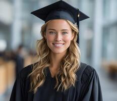 un retrato de un sonriente hembra graduado en gorra y vestido, celebrando graduación. esta imagen representa éxito, educación, y el jo foto