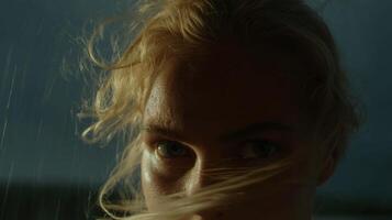 portrait of a blonde woman in the rain, her face partially obscured by windblown hair. The image evokes a mood of mystery and intr photo