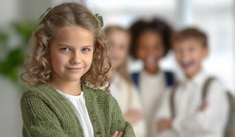 Portrait of a Smiling Girl with Friends in Background. Happy Child, School, Education, Friendship, Innocence, and Playful Moments. photo