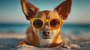 Adorable Chihuahua in Sunglasses on the Beach A Summertime Portrait. This cute puppy enjoys the sun and sand, capturing a moment o photo