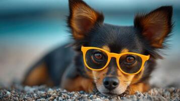 Adorable Dog in Sunglasses on the Beach A Summertime Portrait of Canine Joy and Relaxation. This image captures a cute puppys play photo