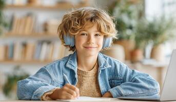 Smiling Schoolboy Studying with Headphones and Laptop. Concentrated Young Boy Doing Homework. Education and Technology Concept. photo