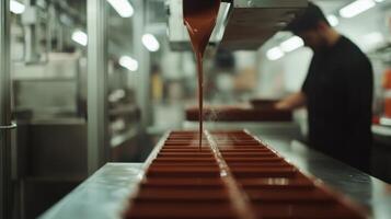 Artisan Chocolate Making A Glimpse into the Production Process. Witness the rich, molten chocolate poured into molds, transforming photo