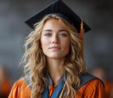 retrato de un confidente hembra graduado en gorra y vestido, celebrando educativo logro y éxito. un símbolo de esperanza, saber foto