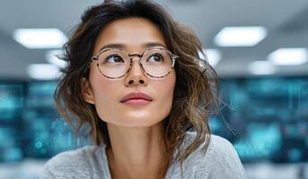 A Pensive Businesswoman Contemplates the Future, Surrounded by Data and Technology. Her Serious Expression and Focused Gaze Reflec photo