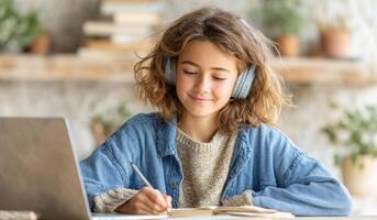 Focused young student girl wearing headphones, studying online with laptop and taking notes. Education, technology, and learning c photo