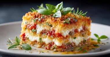 A delectable Italian baked dish, featuring layers of cheesy goodness, succulent tomato sauce, and fragrant herbs. This culinary ma photo