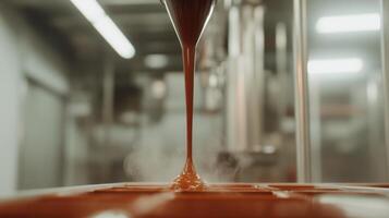 Artisan Chocolate Making A View of Melted Chocolate Pouring into Molds. Witness the decadent process of crafting exquisite chocol photo