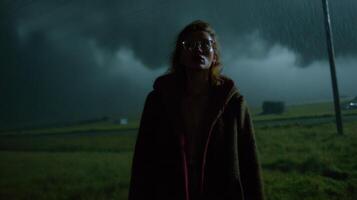 Woman in the Storm A Moody and Atmospheric Night Scene. Contemplative, Pensive, and Reflective, this image evokes a sense of solit photo