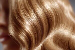 The Allure of Blonde A Captivating Display of Silky, Wavy Hair. Experience the radiant shine and luxurious texture of healthy, fl photo