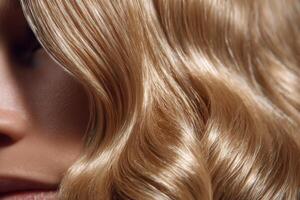 of radiant blonde hair with soft waves, showcasing its glossy texture and healthy shine. A luxurious and elegant image perfect fo photo