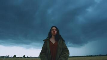 A Pensive Moment A Young Woman Contemplates Life Under a Dramatic, Stormy Sky. The image evokes feelings of melancholy and introsp photo