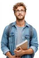 A Young Student Pensively Gazes into the Future, Holding Books and Backpack. Education, Dreams, and Aspirations. A Portrait of Con photo