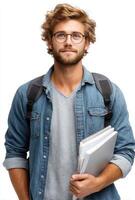 Portrait of a Young Student Education, College, and Campus Life. A Focused and Confident Male Student Holds Books, Ready for Learn photo
