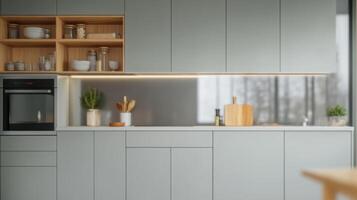 Modern Minimalist Kitchen Interior Design Grey Cabinets, Wood Accents, and Clean Lines Create a Luxurious and Stylish Space. Perfe photo