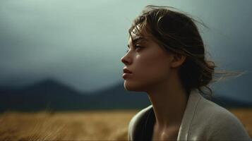 A Pensive Woman in a Golden Field A Dreamy Portrait of Serenity and Contemplation. The wind gently blows through her hair as she photo