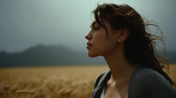 Pensive Woman in a Field A Contemplative Portrait. Freckles, windswept hair, and a thoughtful gaze create a serene and peaceful mo photo