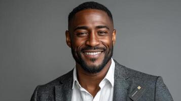 A Captivating Portrait of a Smiling Black Man, Dressed in a Gray Suit, Exuding Confidence and Success. This Professional Image is photo