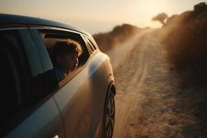 A Young Boy on an Exciting Road Trip, Enjoying the Scenic Sunset Views from a Car Window. A Journey Filled with Adventure and Expl photo