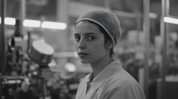 A Black and White Portrait of a Female Factory Worker A Monochromatic Study of Industrial Labor and Human Dignity photo