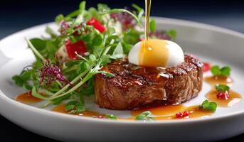 Savor the Exquisite Pan Seared Beef Steak with a Side of vibrant greens, a perfectly poached egg, and a tantalizing glaze. A culin photo