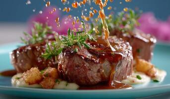 Savor the Exquisite Pan Seared Filet Mignon with Rosemary, Rich Sauce, and Creamy Mashed Potatoes. A Culinary Masterpiece for the photo