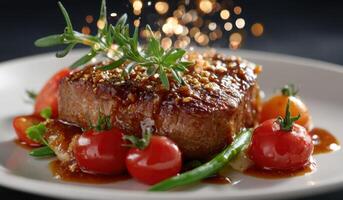 Savor the Exquisite Grilled Steak with Rosemary, Tomatoes, and a Rich Sauce. A Culinary Masterpiece, Perfect for a Fine Dining Exp photo