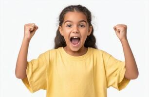 A jubilant young girl celebrates victory with raised fists, radiating pure joy and excitement. Her beaming smile and open mouth ex photo