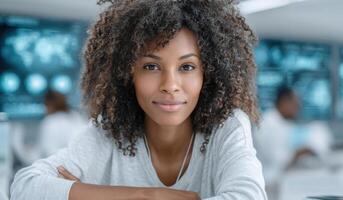 Portrait of a Confident Young Black Woman with Curly Hair, Calm Expression, and Professional Look. A Stunning Image Showcasing Be photo