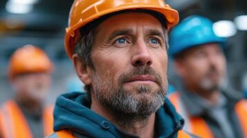 Portrait of a Construction Worker A Pensive Gaze, Hard Hat, and the Weight of Industry. A Focused Look into the Life of a Skilled photo