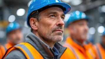 Portrait of a Focused Industrial Worker A Contemplative Look at the Manufacturing Industry. The image depicts a man in a blue har photo