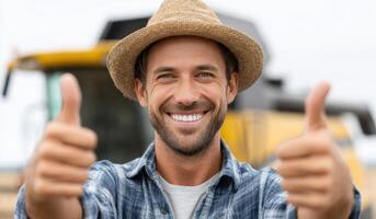 Happy Farmer Giving Thumbs Up in Wheat Field, Agriculture, Farming, Countryside, Harvest, Rural, Positive, Successful, Joyful, Smi photo