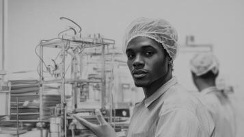 A Black and White Portrait of a Factory Worker A Monochromatic Study of Industry and Labor. The image showcases the workers expert photo
