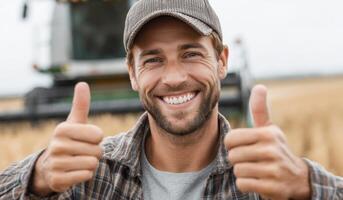 Portrait of a Smiling Farmer Giving Thumbs Up in a Wheat Field, Celebrating a Successful Harvest. Agriculture, Farming, Countrysid photo
