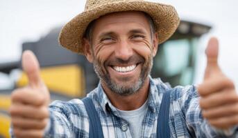 A Portrait of a Cheerful Farmer Giving Two Thumbs Up in a Field. The image depicts a happy and successful farmer expressing positi photo