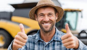 A Happy Farmer Showing Thumbs Up in a Wheat Field, Celebrating a Successful Harvest. Agriculture, Farming, Countryside, Rural Life photo