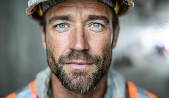 Portrait of a Construction Worker A Focused and Determined Look. The image showcases the mans intense gaze and weathered face, hig photo