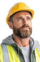 Portrait of a Construction Worker A Thoughtful Gaze, Hard Hat and Safety Vest. A pensive construction worker contemplates his next photo