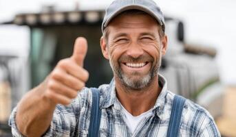 Portrait of a Happy Farmer Giving Thumbs Up Agriculture, Farming, Countryside, Rural Lifestyle, Successful Farming, Positive Attit photo