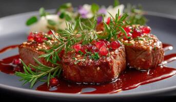 Savor the Exquisite Pan Seared Filet Mignon with Pomegranate Reduction, Rosemary, and Sesame Seeds. A Culinary Masterpiece for the photo