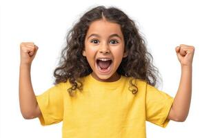 A jubilant, expressive young girl with curly hair beams with unrestrained joy and triumph, her fists raised in a gesture of pure e photo