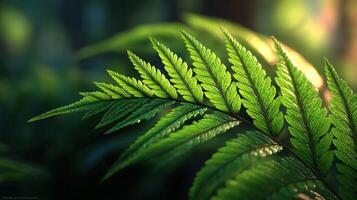 View of a Lush Green Fern with Dew Drops, Illuminated by Sunlight. The Vibrant Green Foliage and Detailed Texture Create a Captiva photo
