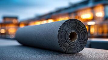 view of a rolled up dark gray roofing material against a blurred cityscape background at dusk. The image evokes a sense of industr photo
