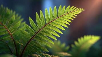Illuminated Fern Frond A Look at Natures Intricate Beauty. The vibrant green leaves and detailed texture of this fern are showcas photo