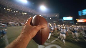 Gridiron Glory A Thrilling Moment in American Football. A players hand reaches for the ball in a fast paced night game, surrounde photo