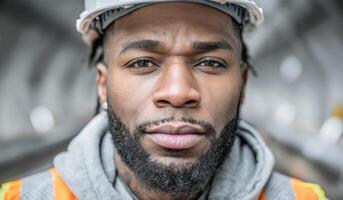 Portrait of a Construction Worker A Focused and Determined Construction Professional. This image showcases the dedication and skil photo