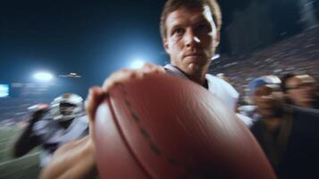 Gridiron Glory A Thrilling Night Football Game Under the Stadium Lights. The Intense Focus of an Athlete in Pursuit of Victory. A photo