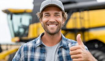 Portrait of a Happy Farmer Giving Thumbs Up in Front of a Combine Harvester Agriculture, Farming, and Countryside Lifestyle photo