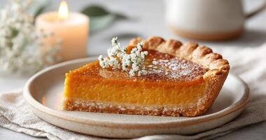A delectable slice of pumpkin pie, a seasonal dessert, perfect for autumn and Thanksgiving. The creamy filling and flaky crust cre photo