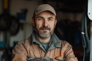 Portrait of a Confident and Skilled Male Worker A of a Bearded Man in His Work Clothes, Showing His Serious Expression and Determ photo